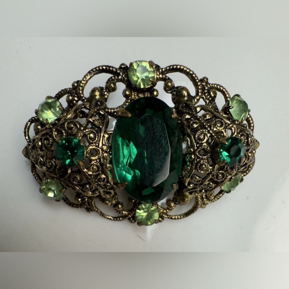 Vintage Filigree Brooch, 9 Green Art Stones,  1940-60's